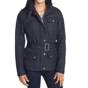 BARBOUR Lysley Quilted Fleece-Lined Belted Jacket Navy Blue Medium US 8